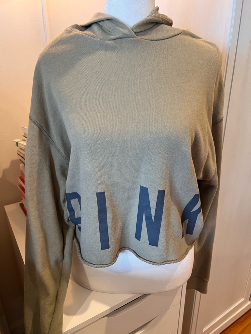 PINK Victoria's Secret Cropped Hoodie in Olive with Navy Logo